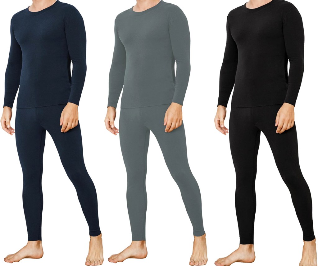 three men modeling thermal underwear sets in navy blue, grey, and black