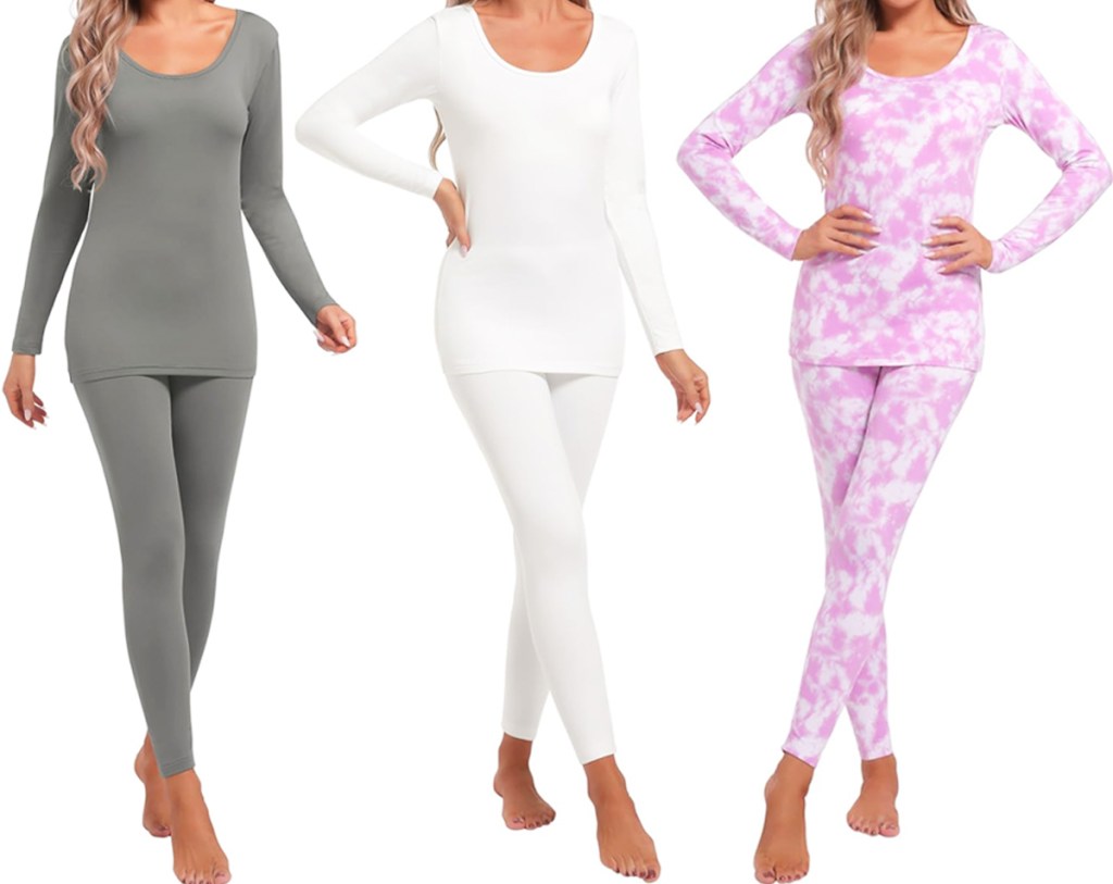three women modeling thermal underwear sets in grey, white, and pink