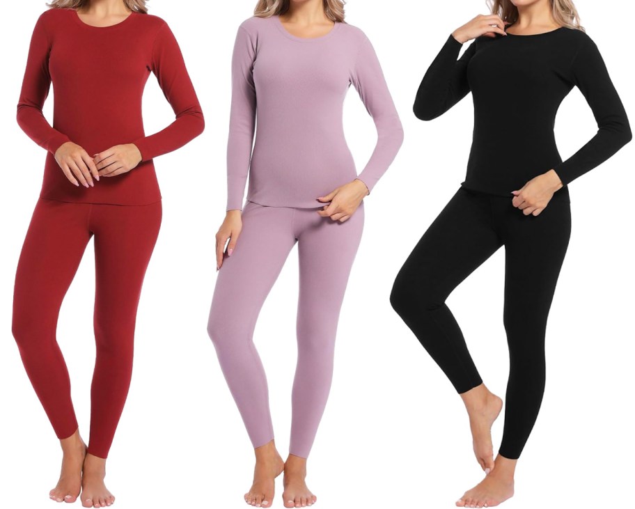 three women modeling thermal underwear sets in red, mauve, and black