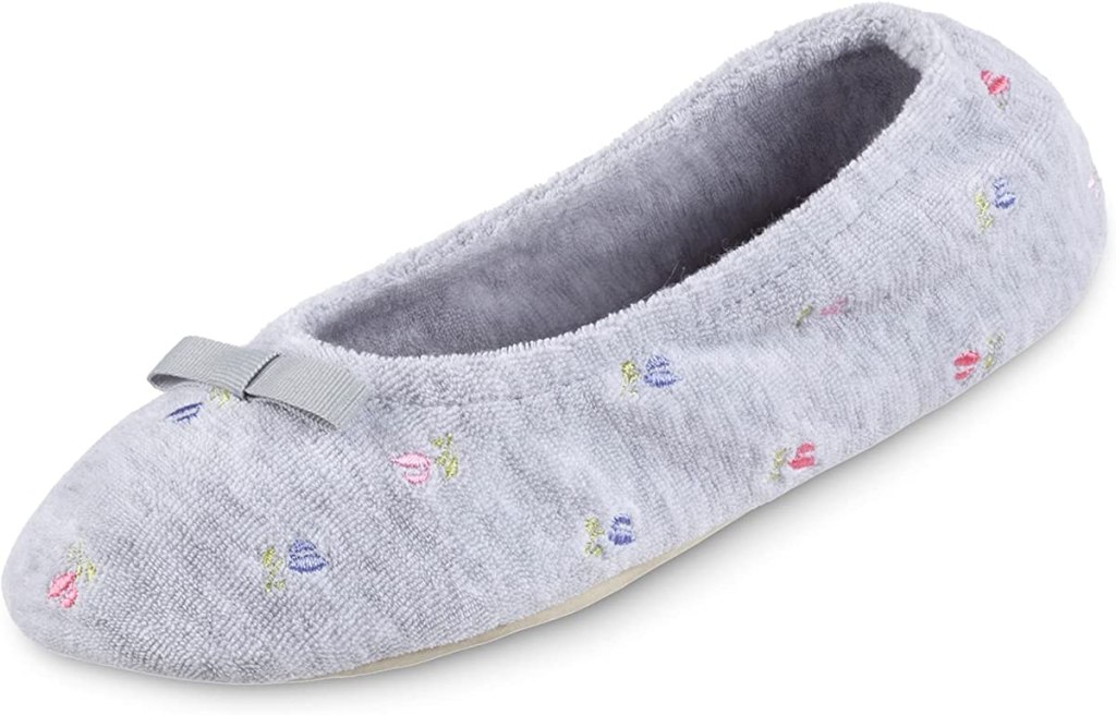 Grey slipper with tiny flowers embroidered on it