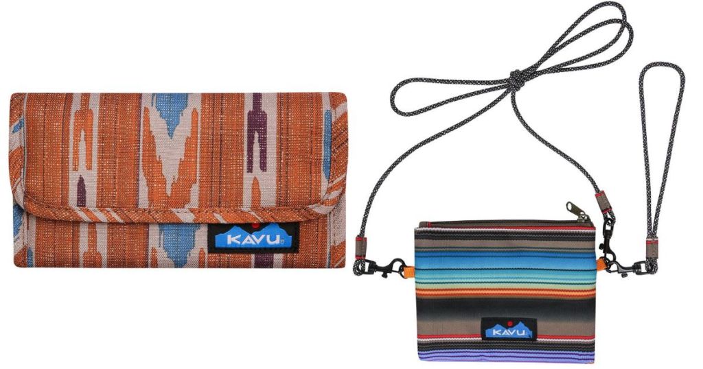 multicolored KAVU wallet and multicolored KAVU convertible bag