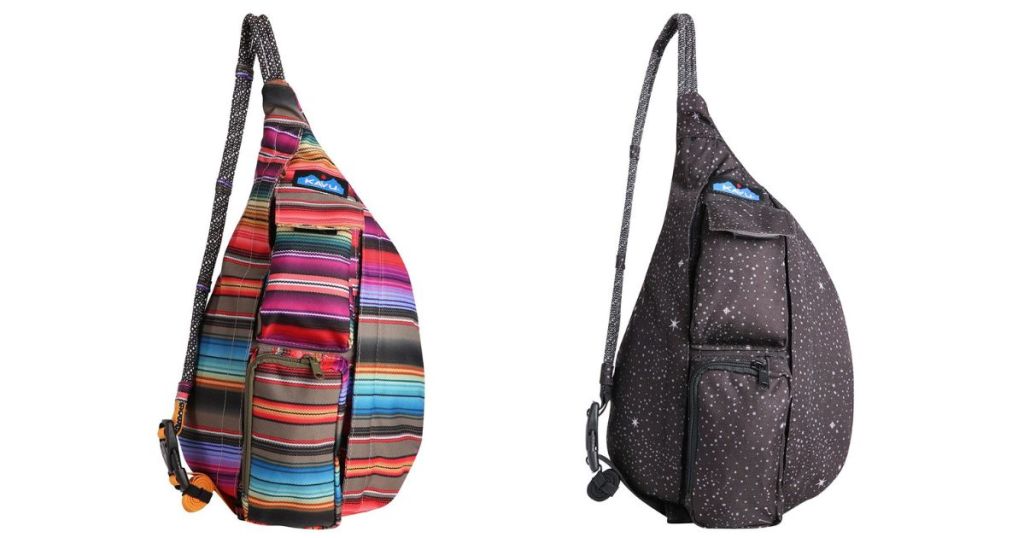 multicolored KAVU sling backpack and black and white speckled KAVU sling bag