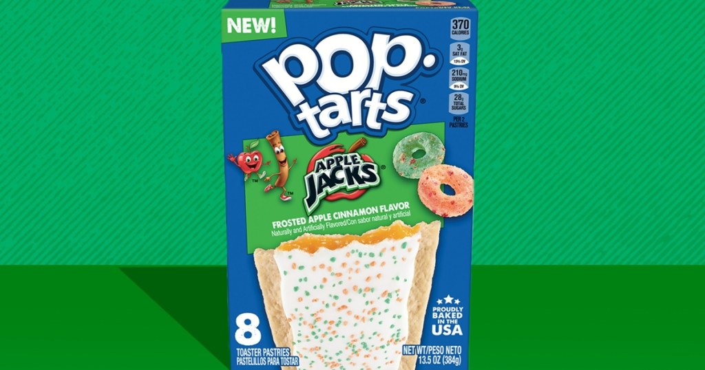 box of Apple Jacks Pop Tarts in front of a green background
