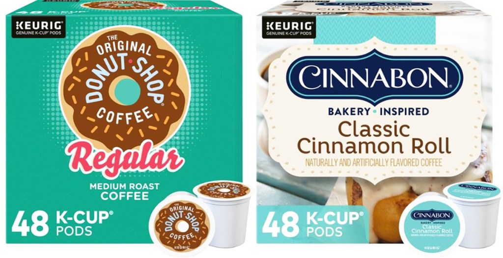 boxes of The Original Donut Shop and Cinnabon coffee k-cups