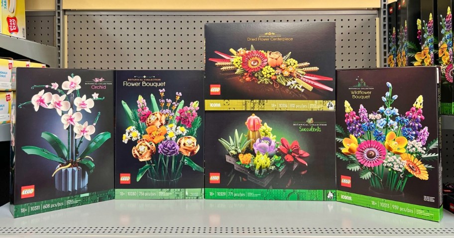 LEGO botanical flowers building sets on store shelf