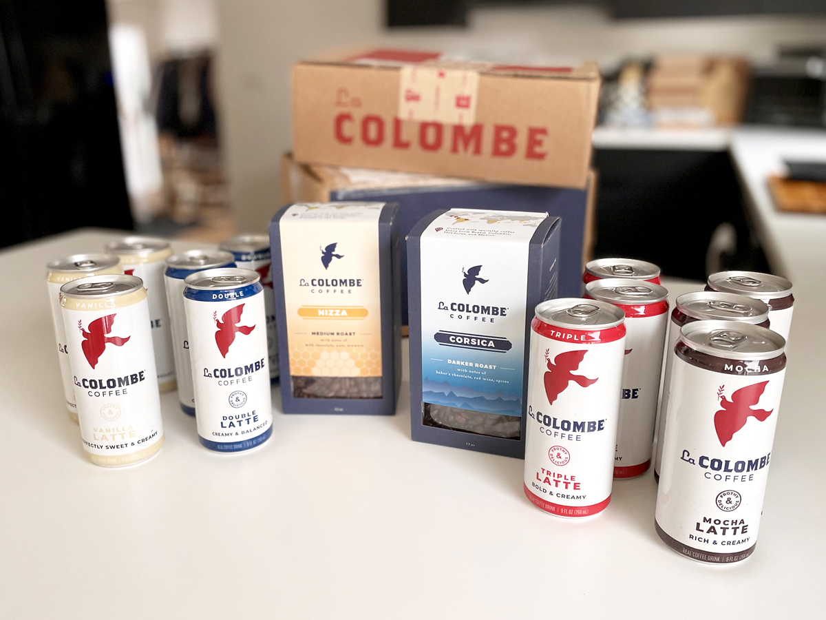 La Colombe Coffee cans and boxes of coffees on kitchen counter
