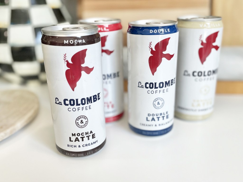 multiple La Colombe coffee cans on kitchen counter