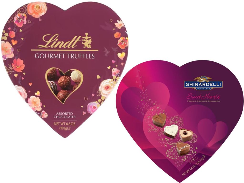 two heart shaped boxes of Valentine's day chocolates