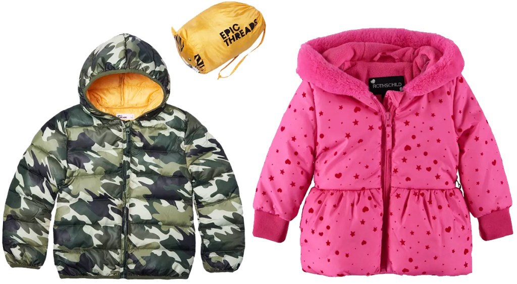 camp print and pink kids jackets