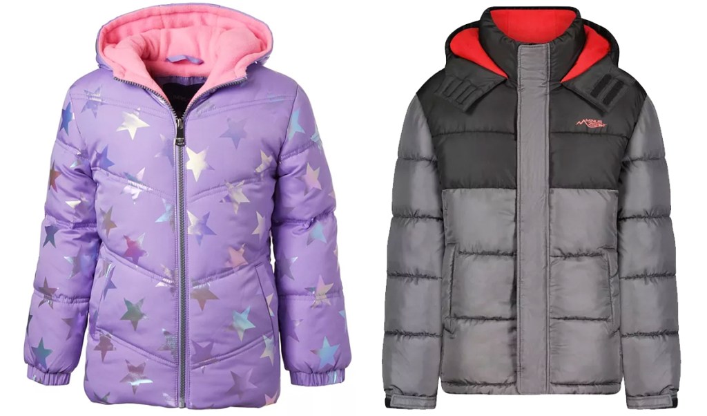 purple and grey kids puffer jackets