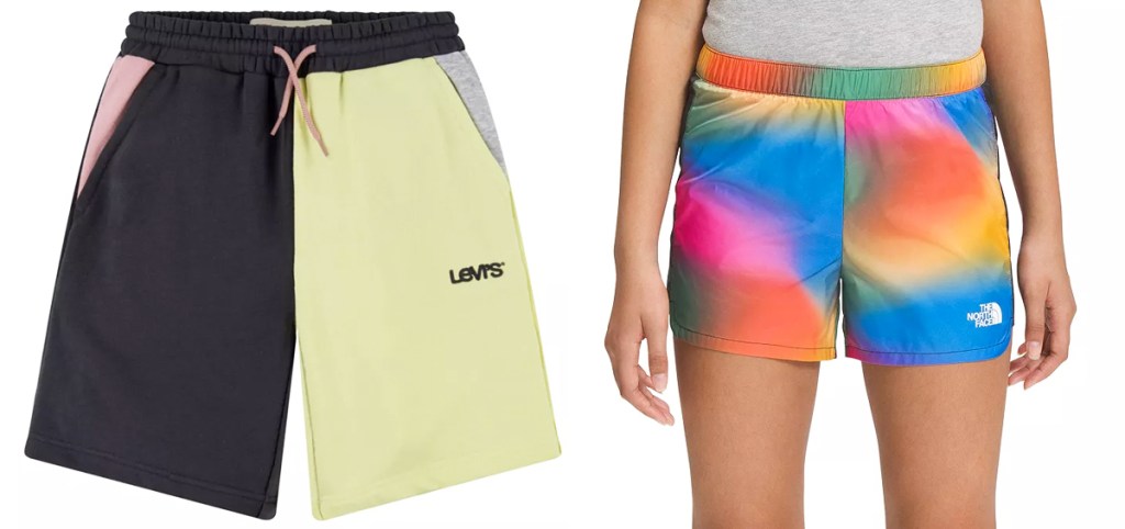 black and yellow levis shorts and girl in tie dye north face shorts