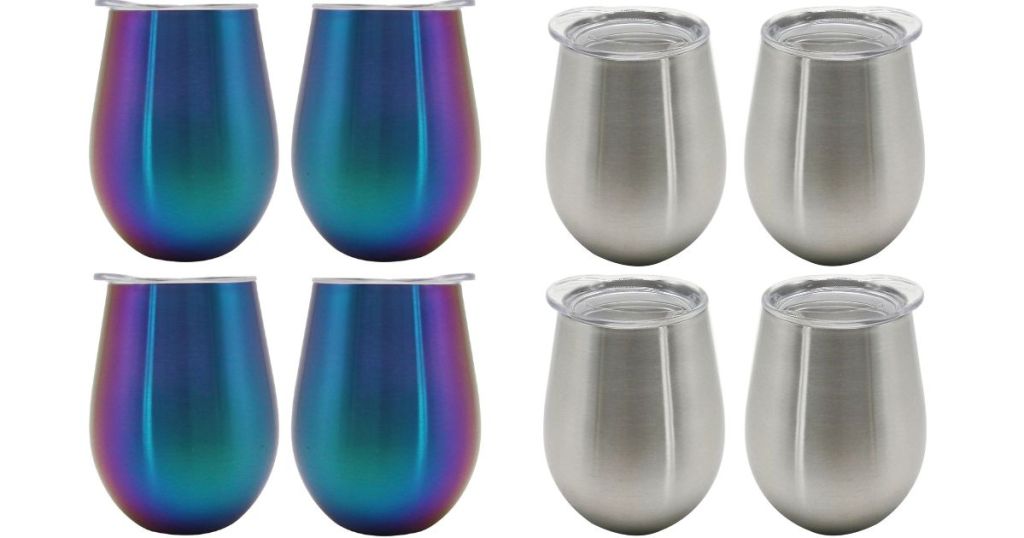 four rainbow wine tumblers with lids and four silver wine tumblers with lids