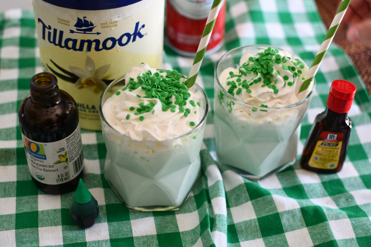 McDonald's Shamrock Shake Recipe, a mint shake copycat, in two glasses with ingredients next to them