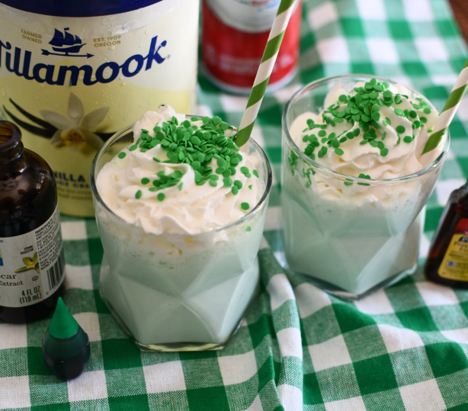 McDonald's Shamrock Shake Recipe, a mint shake copycat, in two glasses with ingredients next to them