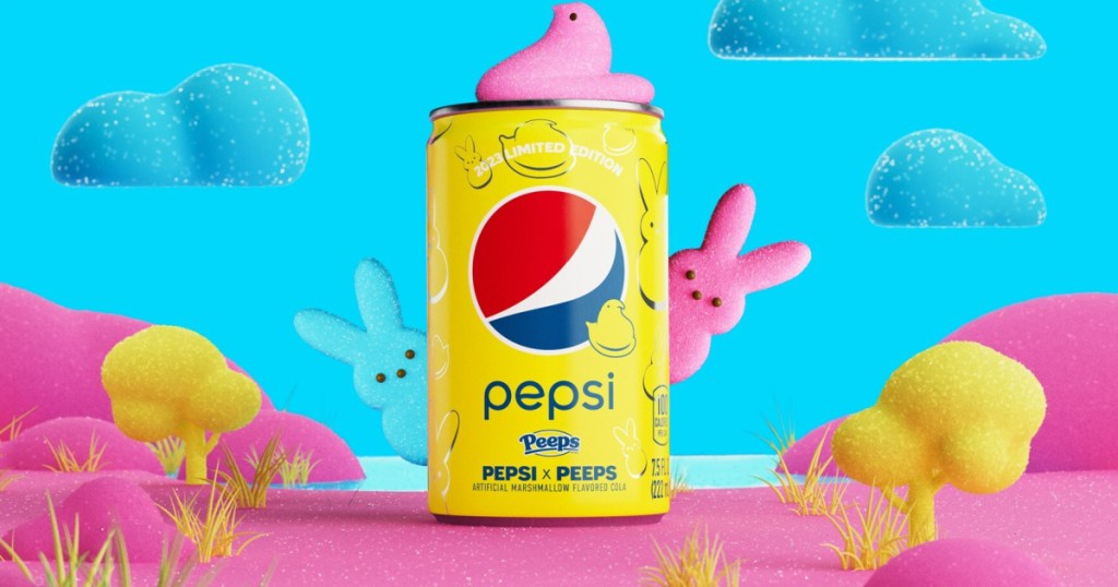 A Mini Can of Pepsi X Peeps with peeps marshmallow bunnies peeking out from behind it.