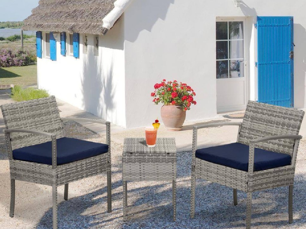 Mirafit 3-Piece Rattan Wicker Patio Conversation Set Outdoor Table & Chairs with Cushions in the backyard