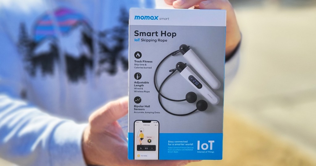 man holding up box for Momax Smart Jump Rope