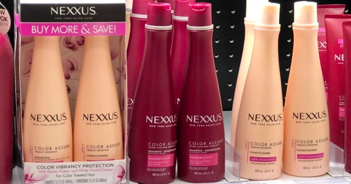 Nexxus color assure on a shelf with other nexxus products