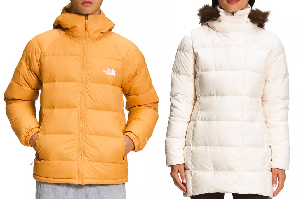man and woman modeling north face puffer jackets