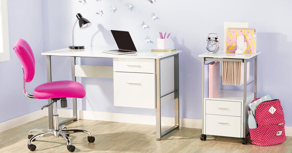 white and silver desk and matching filing cabinet with a pink computer chair