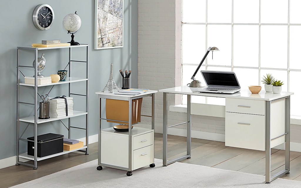 matching white desk, filing cabinet, and bookcase in office