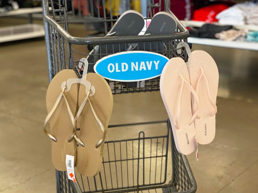 flip flops hanging on old navy cart