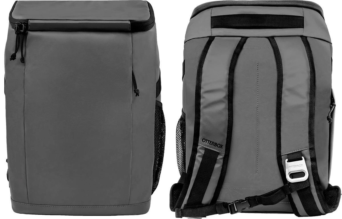 front and back views of grey otterbox cooler backpack