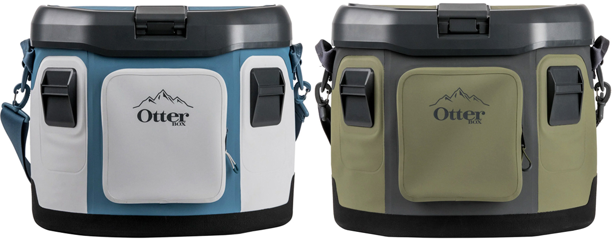 two otterbox softside coolers in blue and green colors