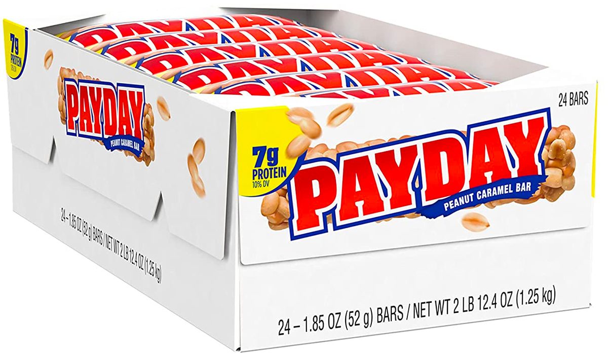 stock image of a store display box payday candy bars