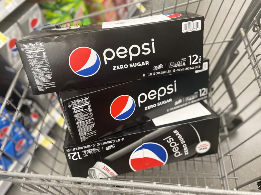 three cases of Pepsi Zero Soda in shopping cart