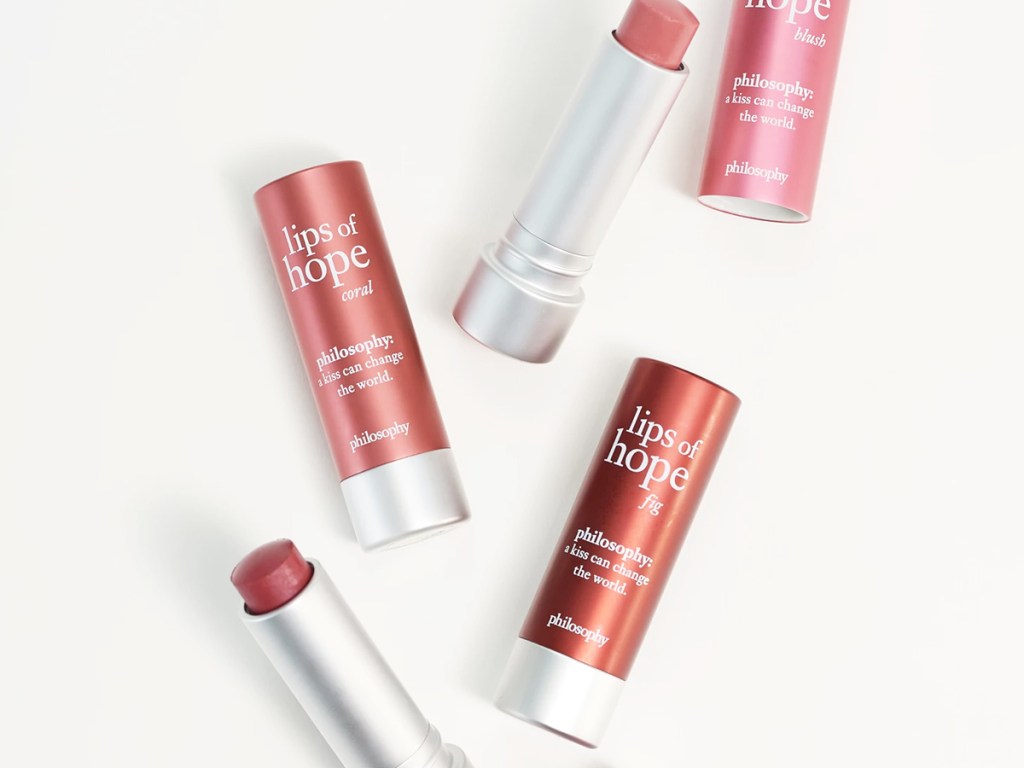 opened tubes of Philosophy Lips of Hope Hydrating Lip Treatments