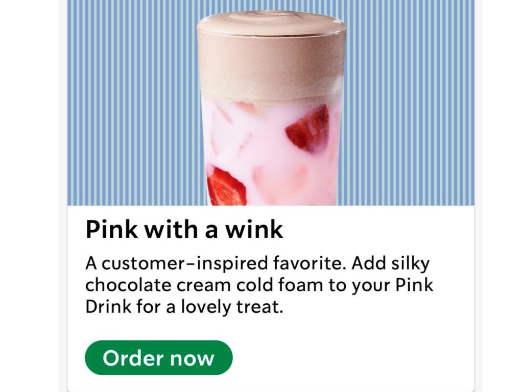 starbucks pink with a wink order now ad in the app