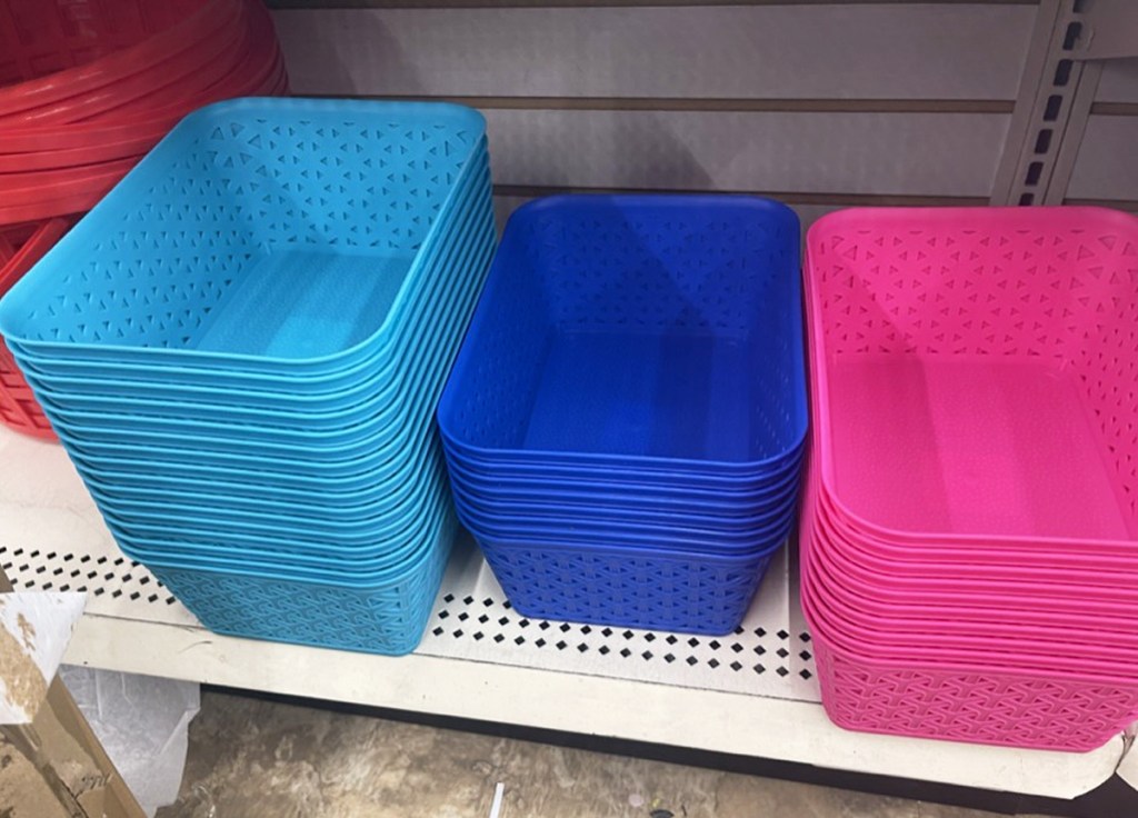 blue and pink weave print baskets on store shelf