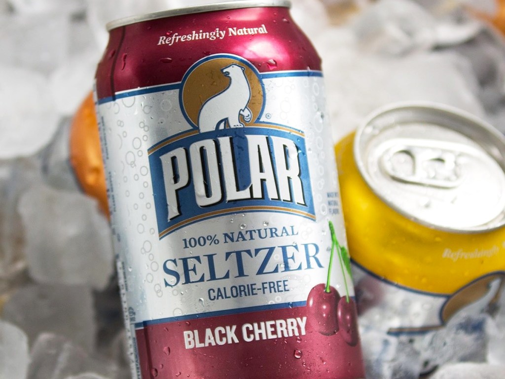 can of black cherry Polar Seltzer Water on ice