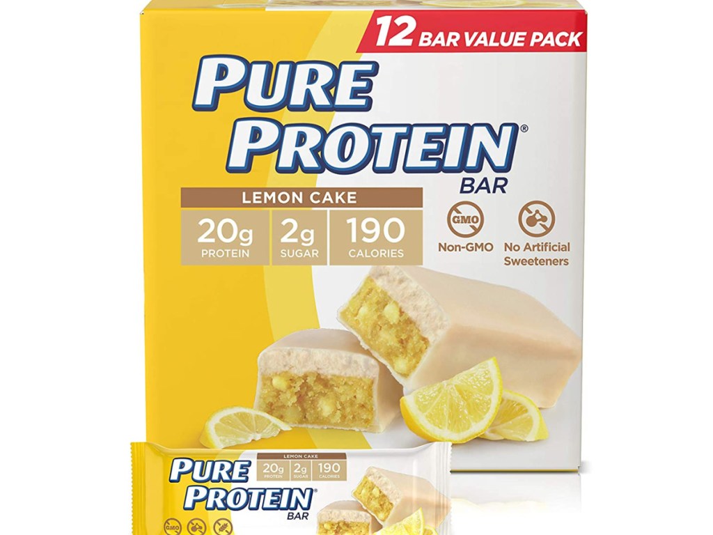 Pure protein bar in lemon cake stock image with a bar outside of the 12 count box