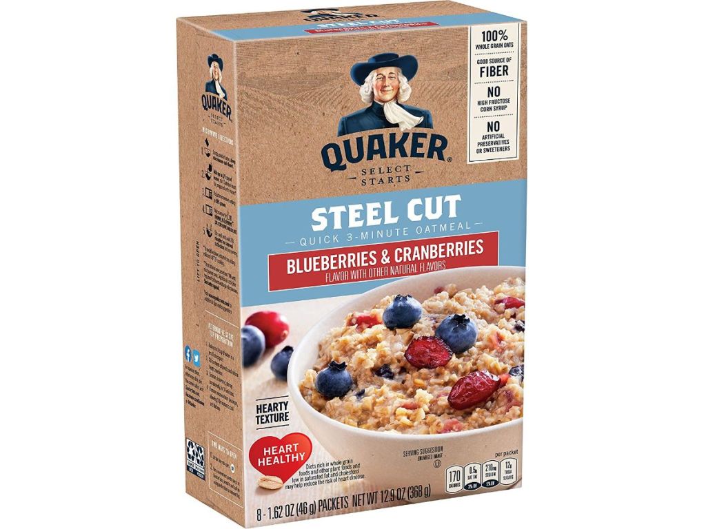 A box of Quaker Oats with blueberries and cranberries 