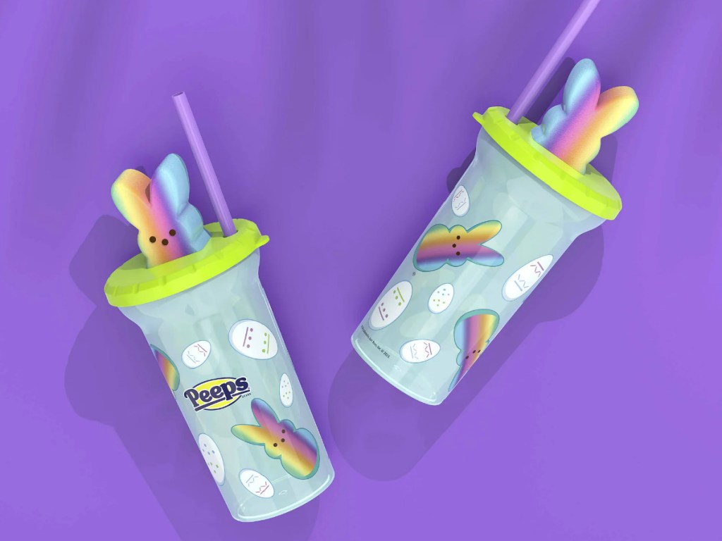 rainbow colored peeps tumblers with purple background