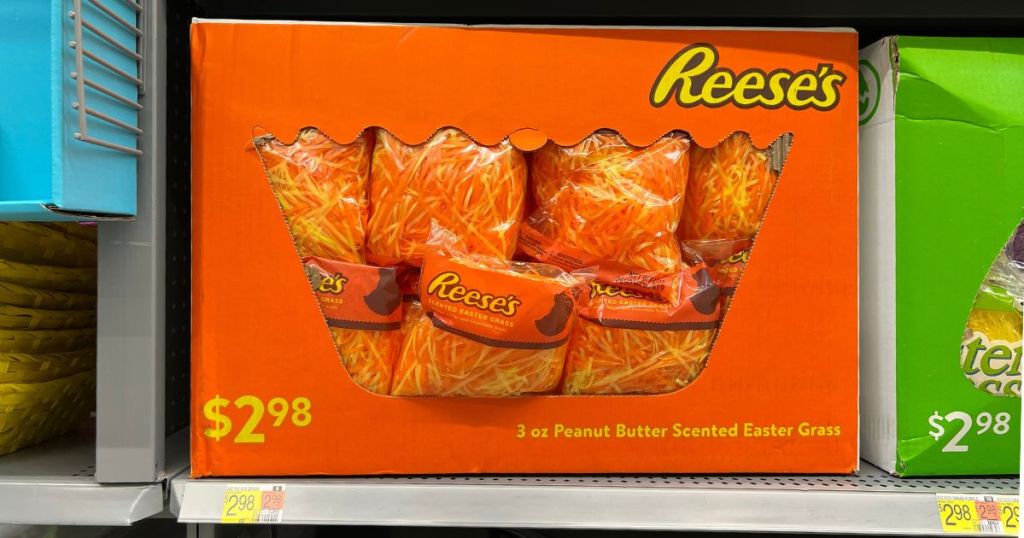 packages of reese's scented easter basket grass in a display box at Walmart