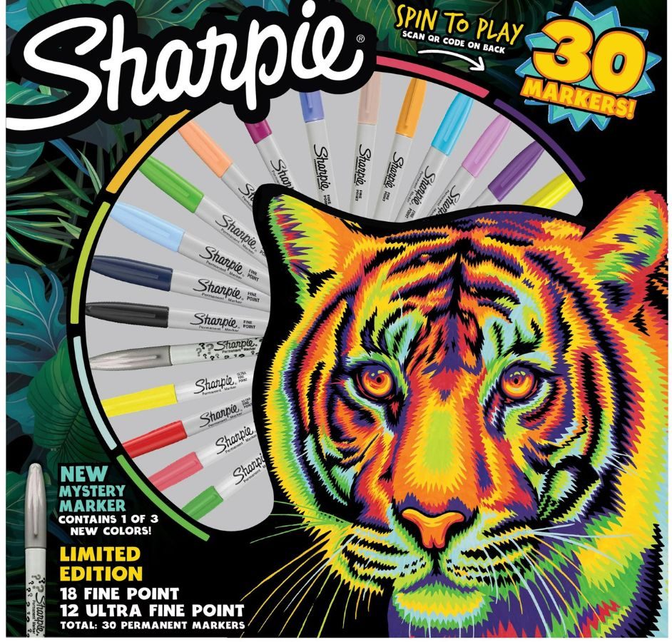 Sharpie 30-count spinner box with a picture of a very colorful tiger on the box