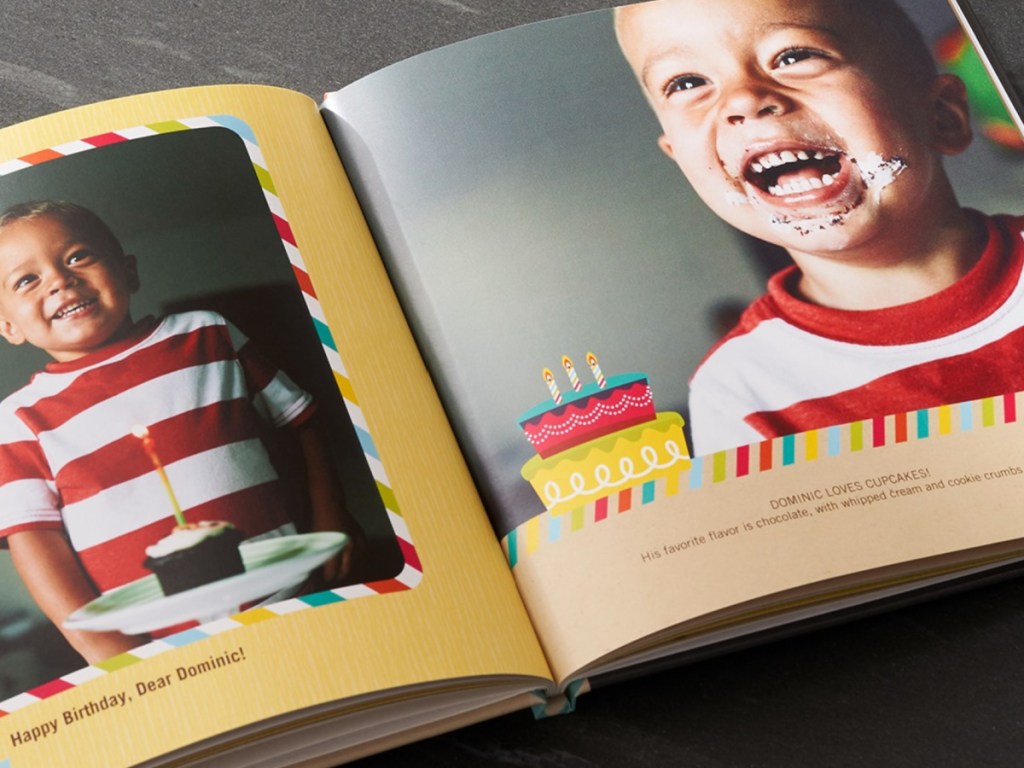 photo book featuring young boy eating cupcakes