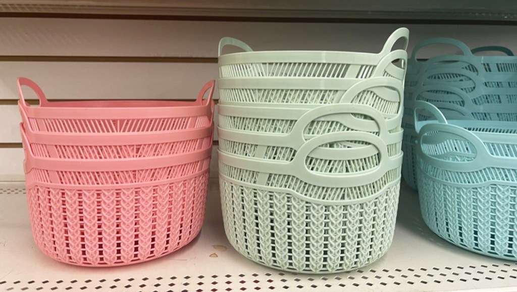 pastel storage baskets on store shelf