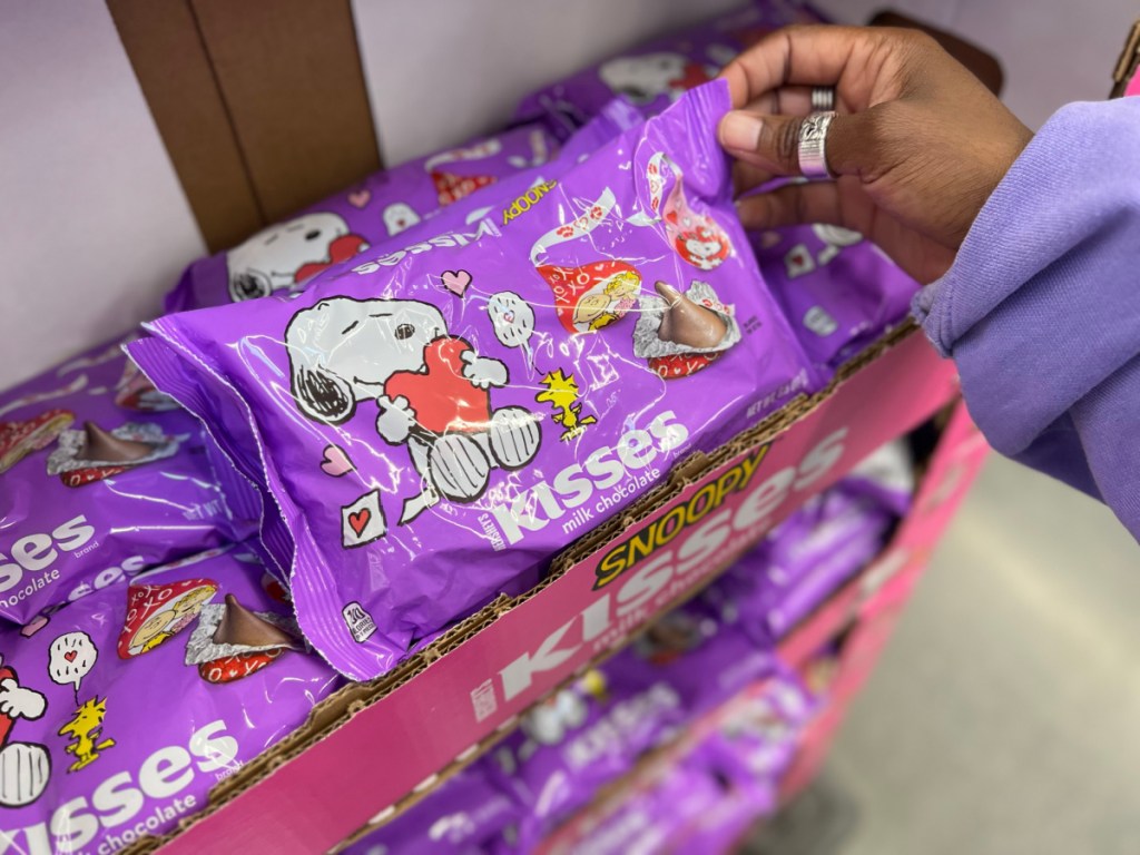 purple bags of Snoopy Hershey Kisses at walmart