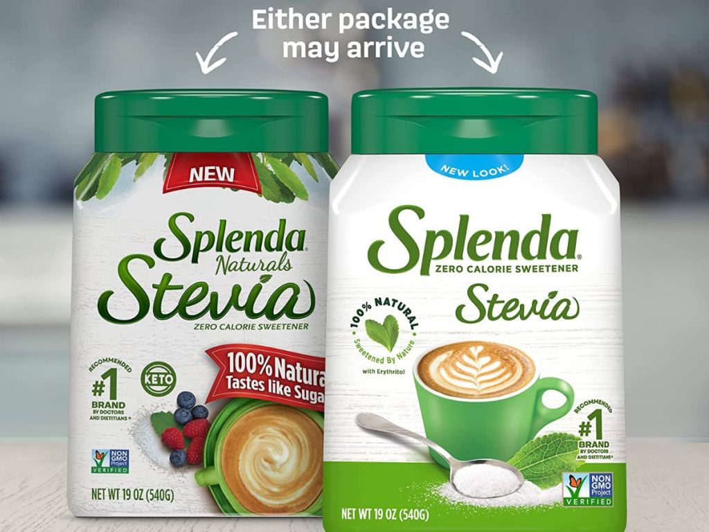 Two containers of Splenda Stevia with slightly different packaging and text indicating that either package may arrive