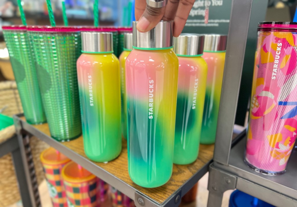 Starbucks Spring 2023 tumblers on the shelf, including the Multi-Colored Water Bottle