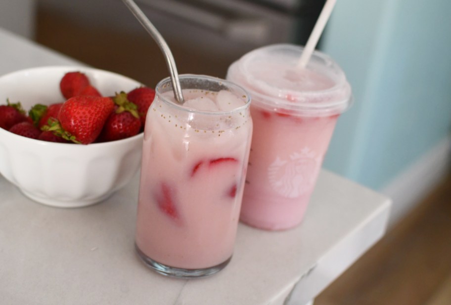 a Starbucks pink drink next to our copycat recipe