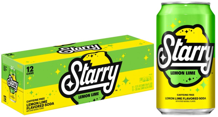can and box of Starry Lemon Lime Soda