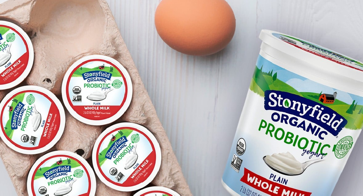 Stonyfield Organic Yogurt and egg on display