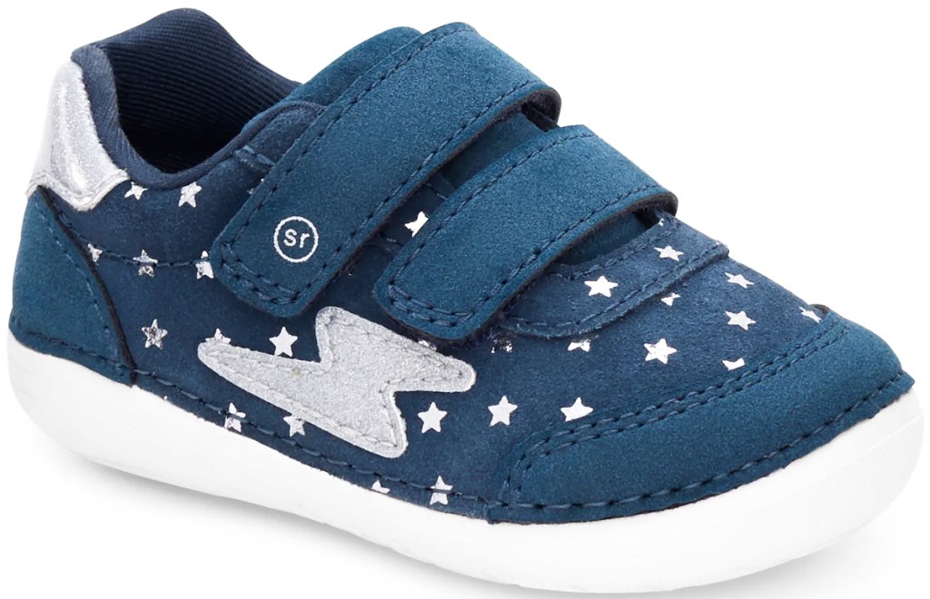 blue kids shoe with lightning bolt and stars print