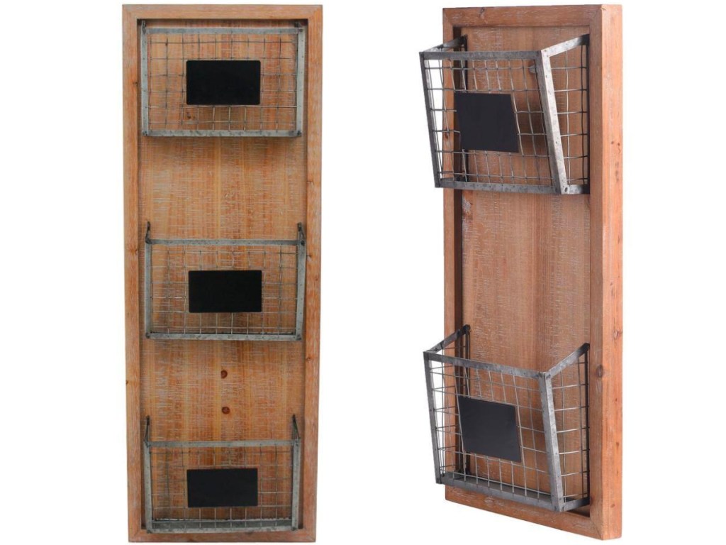 StyleWell Wood Wall Organizer w/ 3 Wire Baskets