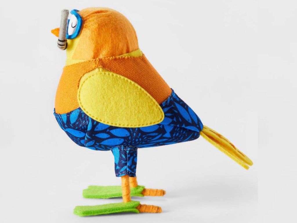 side view of felt bird dressed as diver